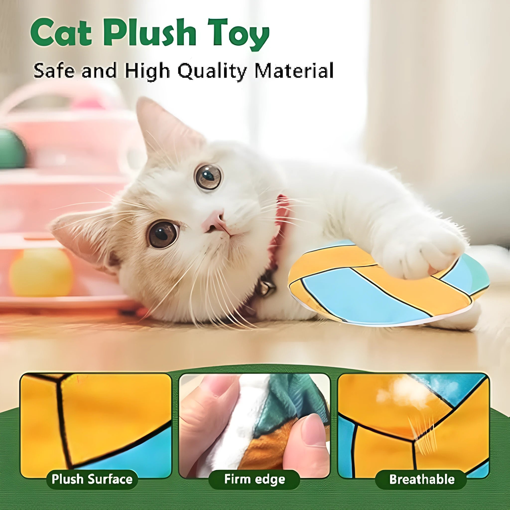 Soft plush flying disc shaped cat toy with sports ball pattern measuring 5x5x2cm