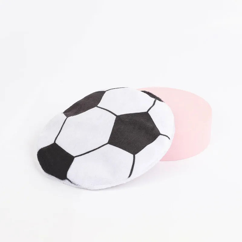 Soft plush flying disc shaped cat toy with sports ball pattern measuring 5x5x2cm