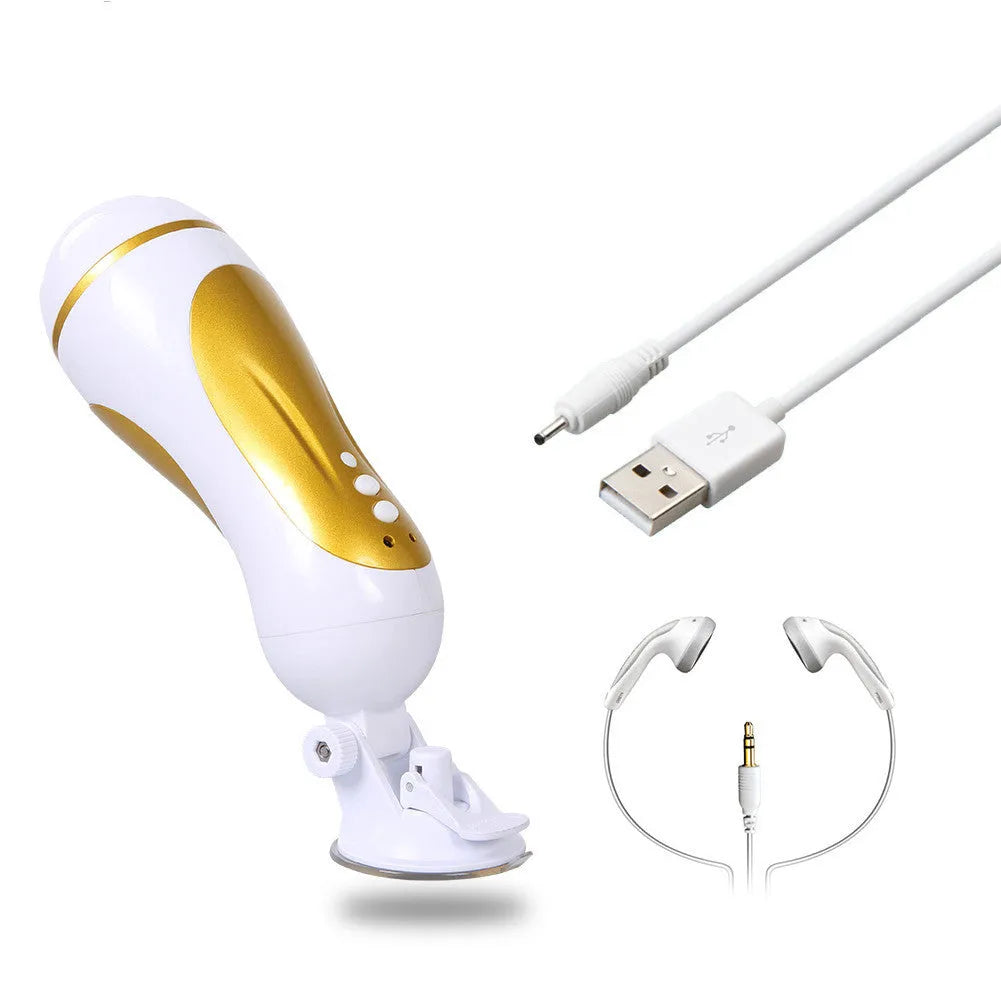 White electric silicone masturbator for men with USB rechargeable port and realistic contour