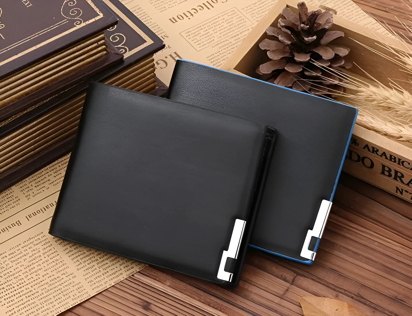 Man wallet in black PU leather with blue edge, showing card slots and bill compartments