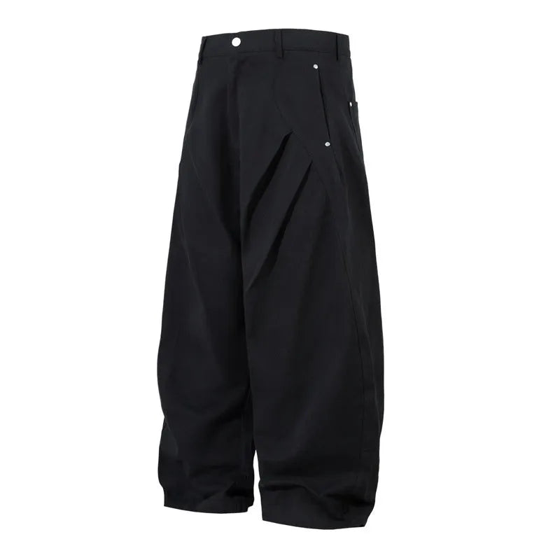 Men's black pleated wide-leg casual trousers made from cotton fabric