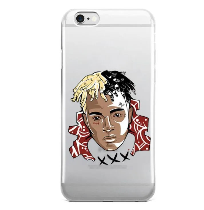 Matte transparent iPhone case with XXXTentacion pattern, showing half-wrapped design on an iPhone.
