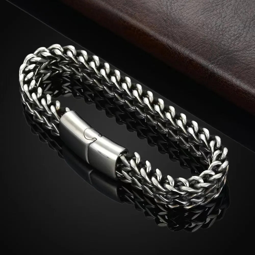 Silver titanium steel hip hop bracelet with stainless steel front and back in geometric design