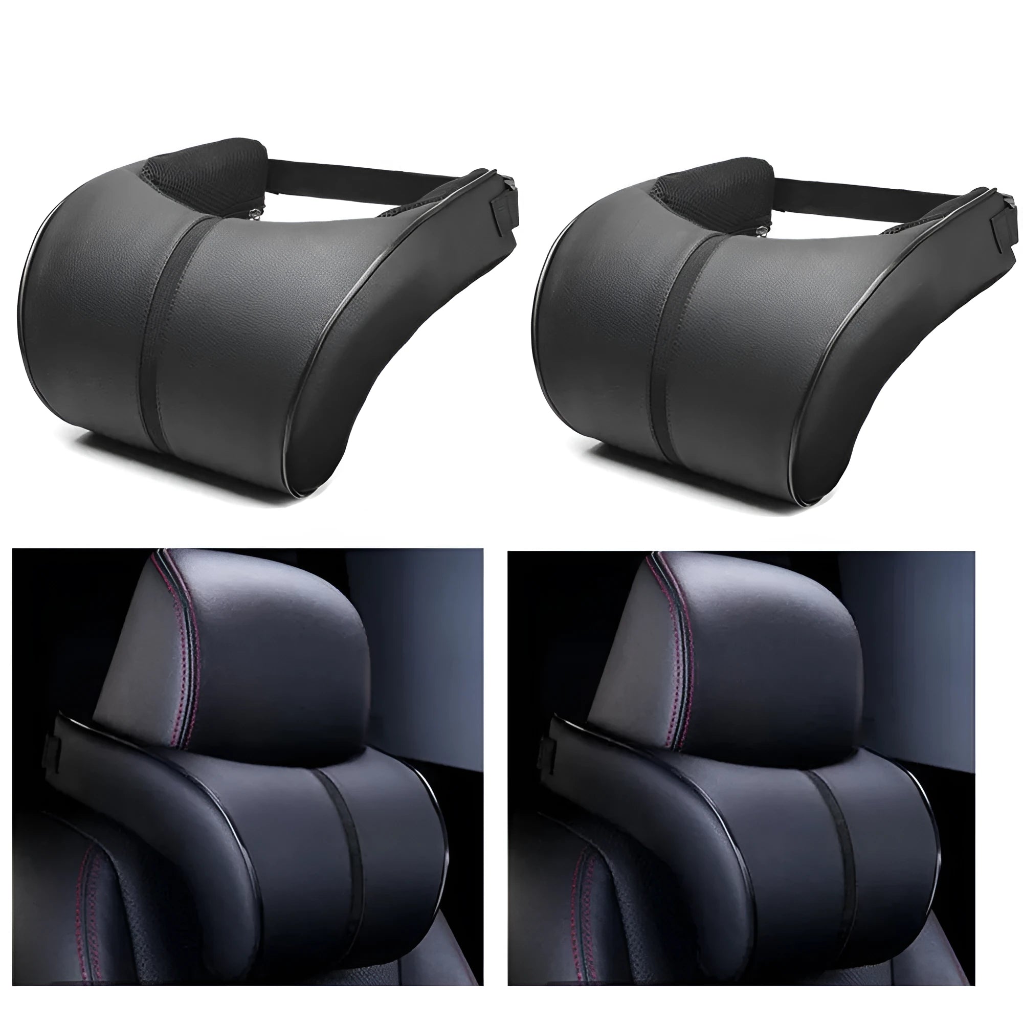 Black memory foam neck pillow car headrest with slow rebound and leather surface on a seat