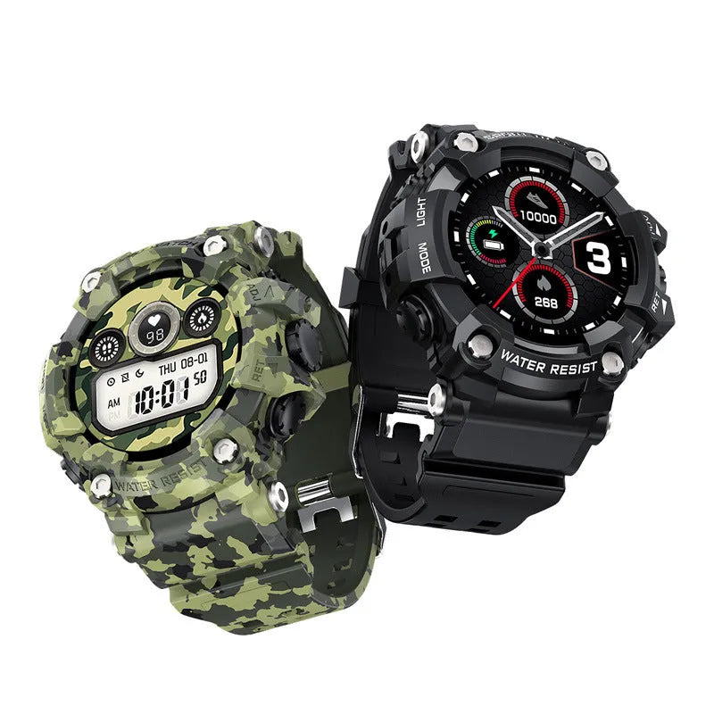 T6 Tactical Rugged Smart Watch bracelet with 1.3-inch screen in black or green, showing alloy shell construction.