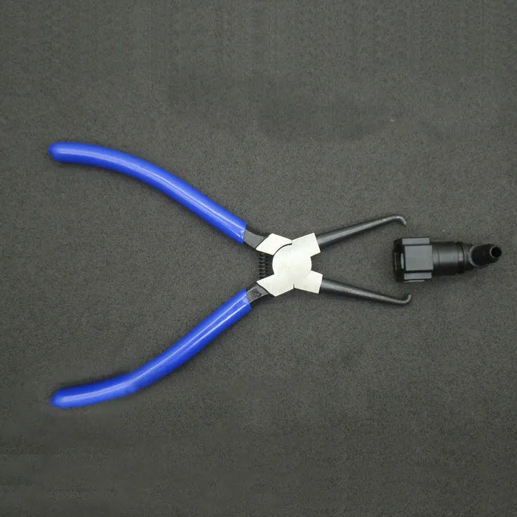 Caliper tubing pliers with iron construction and rubber-coated jaws for automotive fuel line connector work.