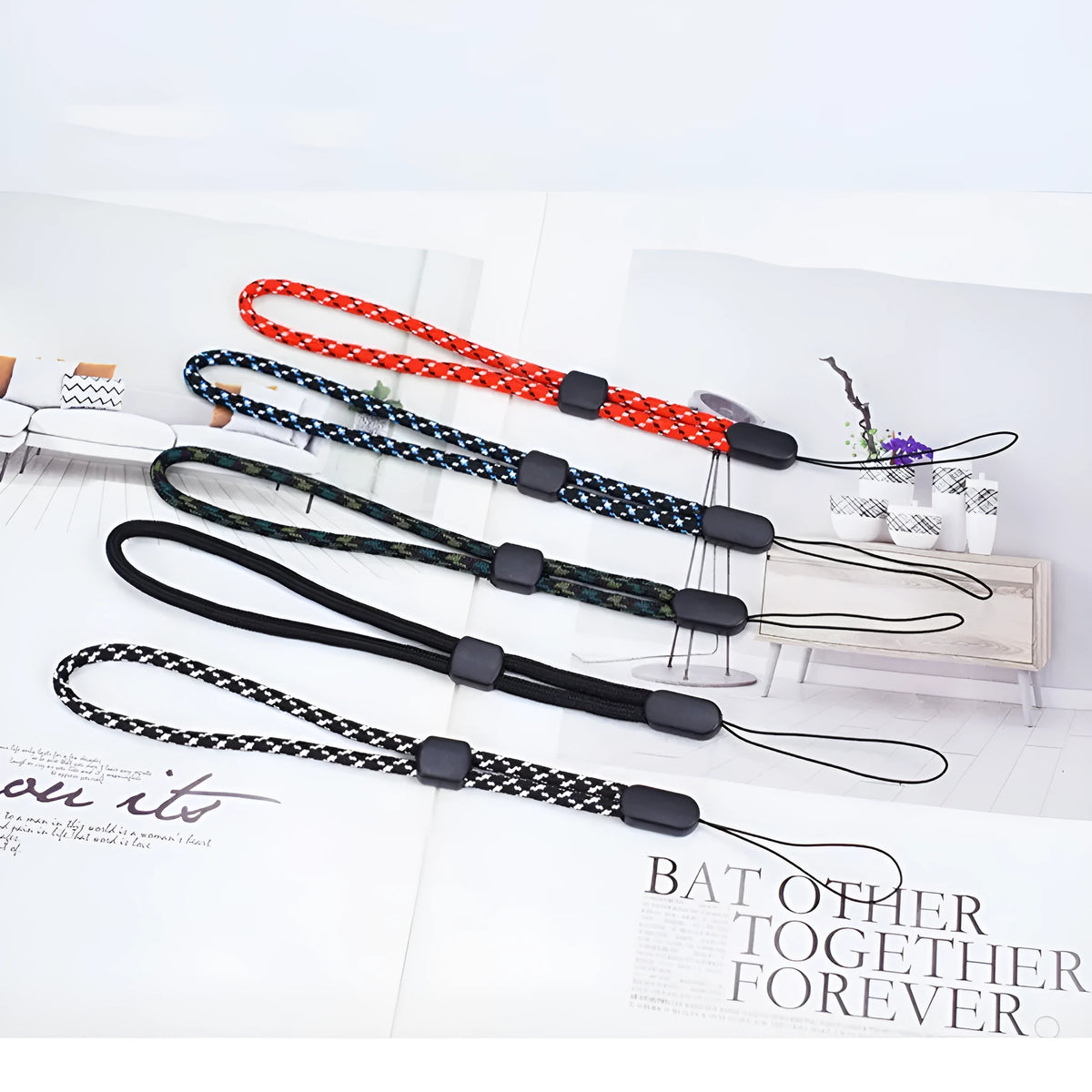 20cm woven nylon mobile phone lanyard wrist strap in pure black, red and white, green, blue and white, or black and white