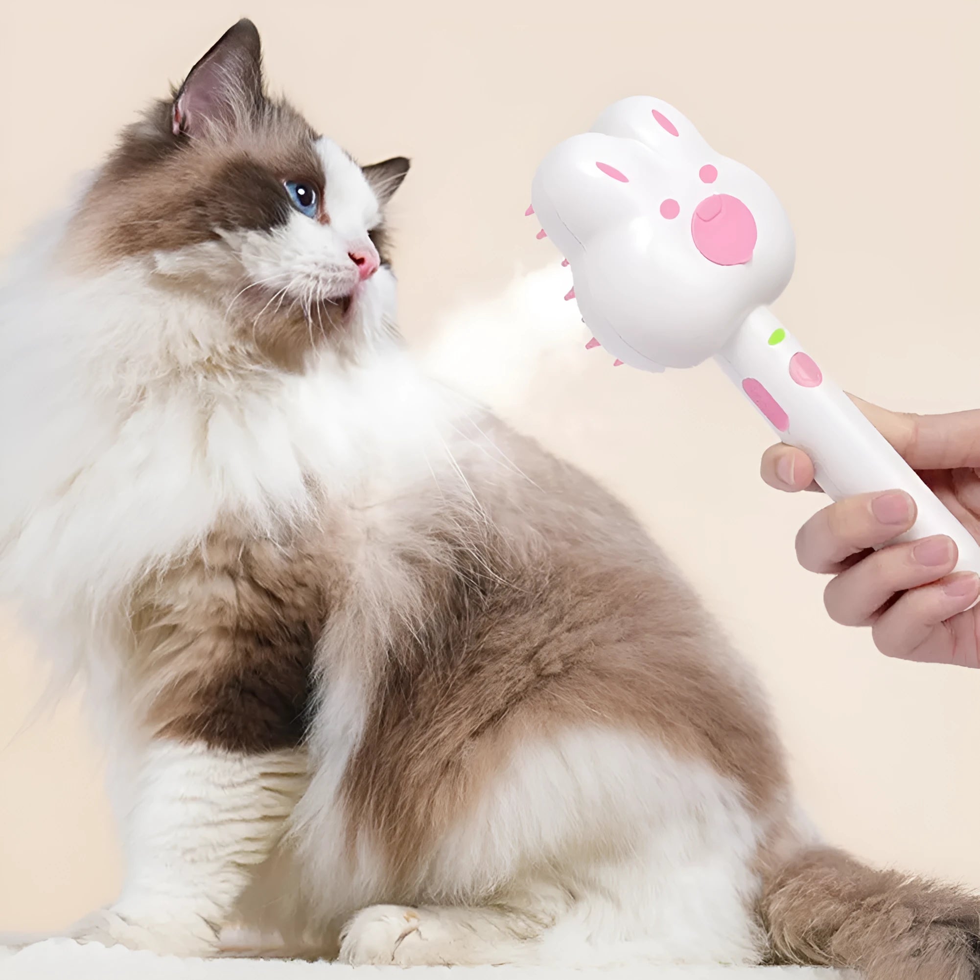 Cartoon design cat steam grooming brush with long handle and rounded bristles in green colour