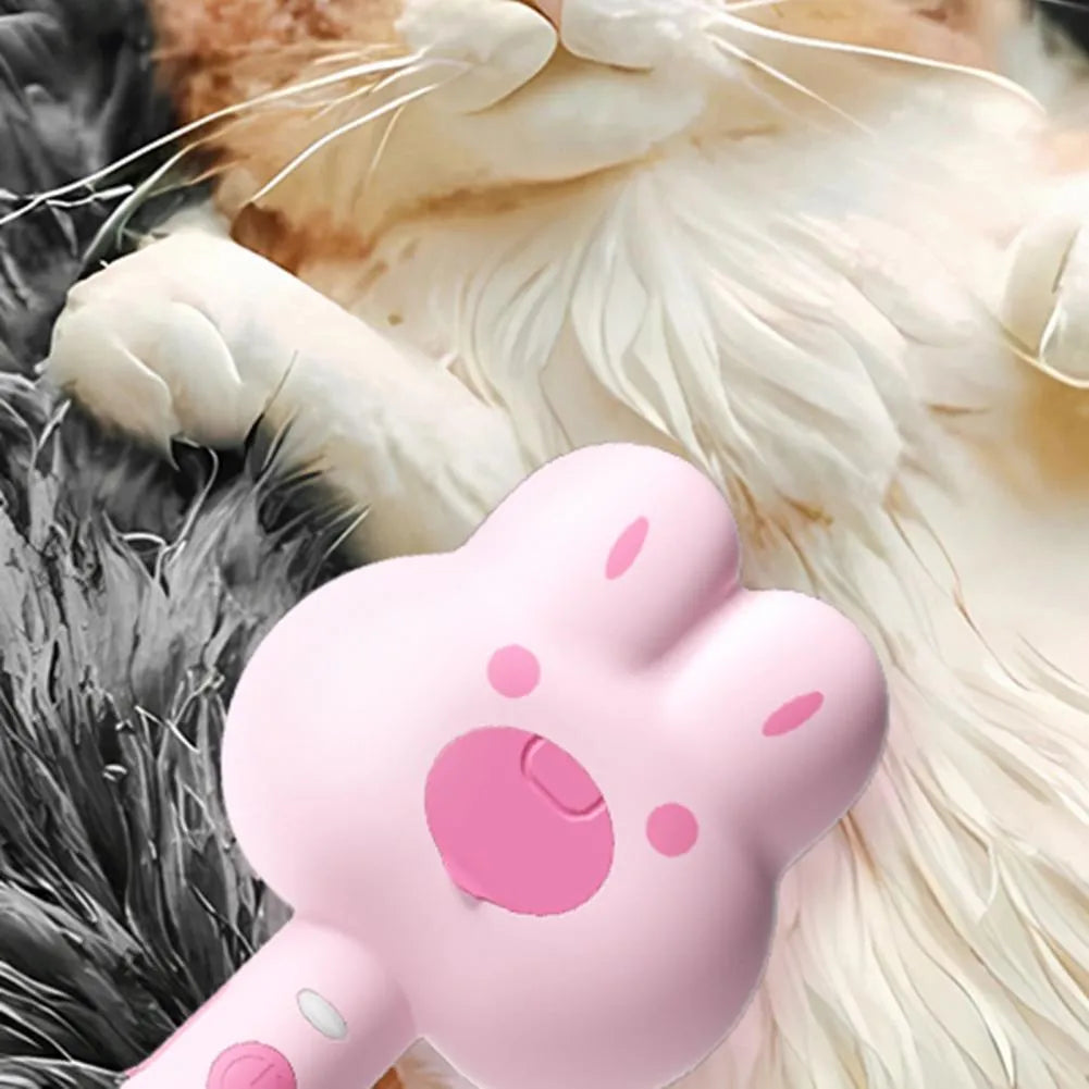 Cartoon design cat steam grooming brush with long handle and rounded bristles in green colour