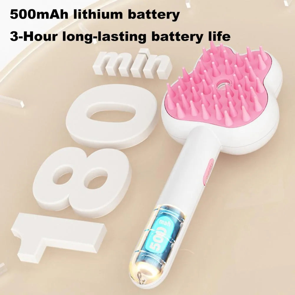 Cartoon design cat steam grooming brush with long handle and rounded bristles in green colour