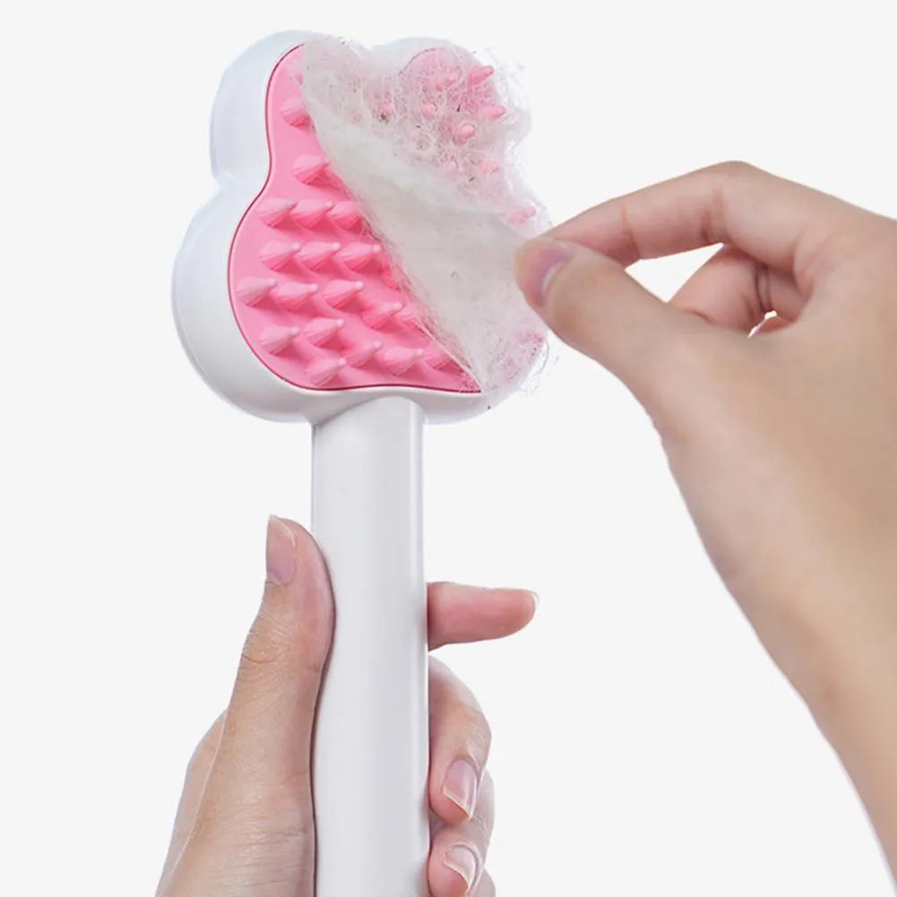 Cartoon design cat steam grooming brush with long handle and rounded bristles in green colour