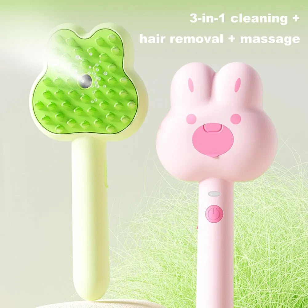 Cartoon design cat steam grooming brush with long handle and rounded bristles in green colour
