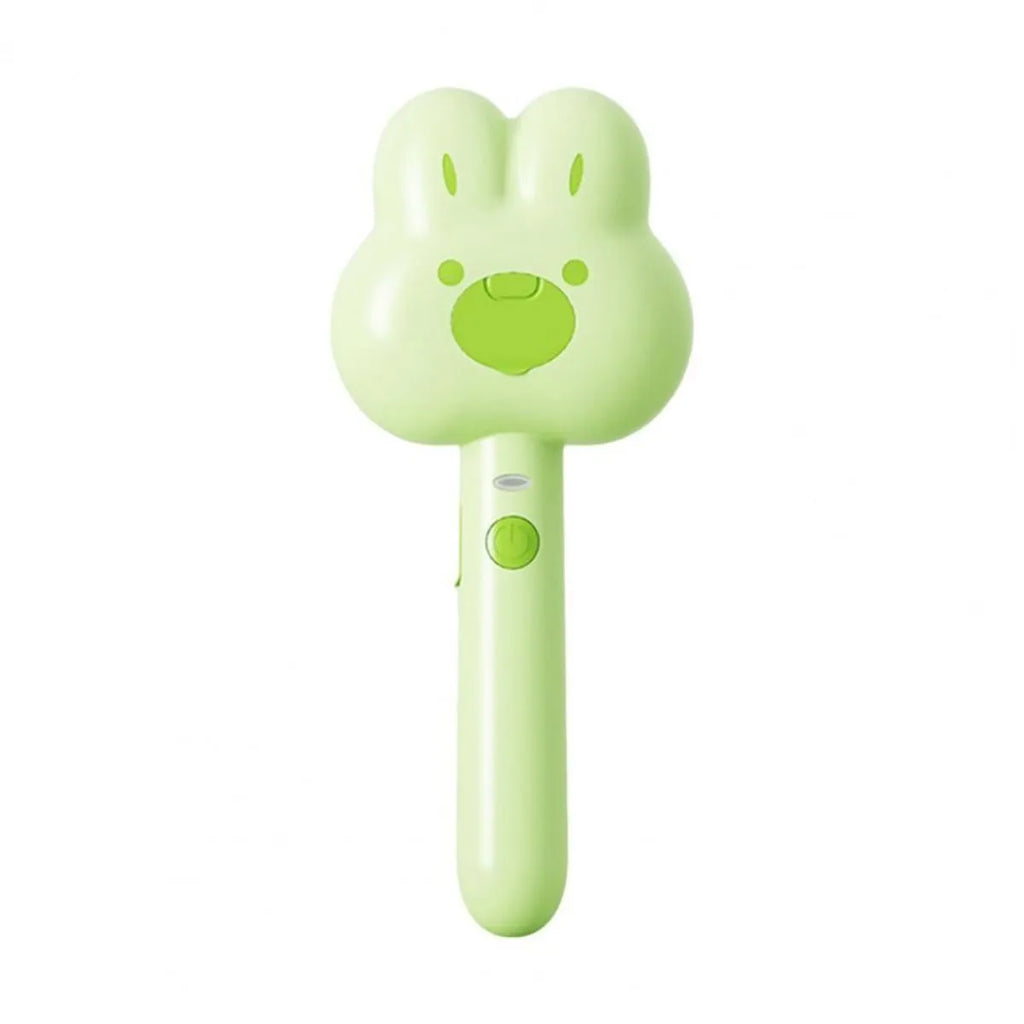 Cartoon design cat steam grooming brush with long handle and rounded bristles in green colour
