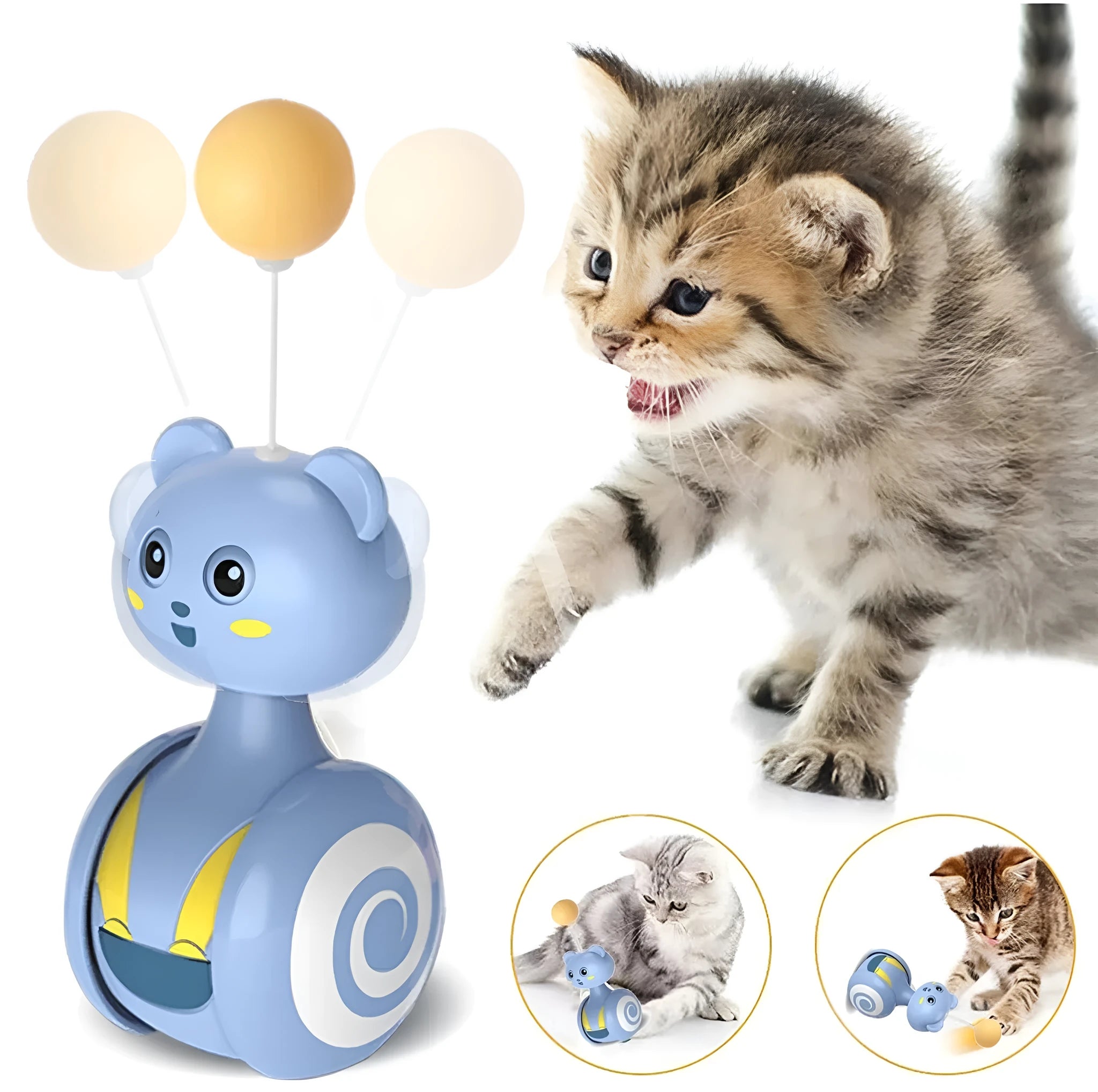 Blue and pink cat interactive tumbler toys with rotating balls and feather wands on flat surface