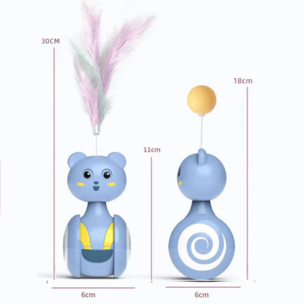 Blue and pink cat interactive tumbler toys with rotating balls and feather wands on flat surface