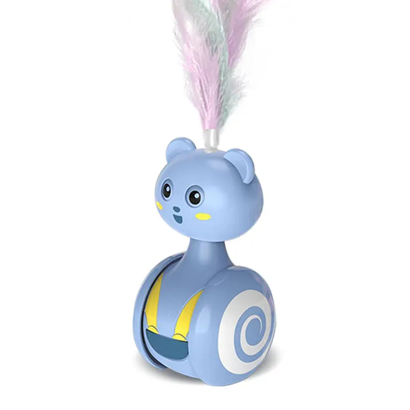 Cat interactive tumbler toy with rotating feather wand and ball attachments in pink or blue colours