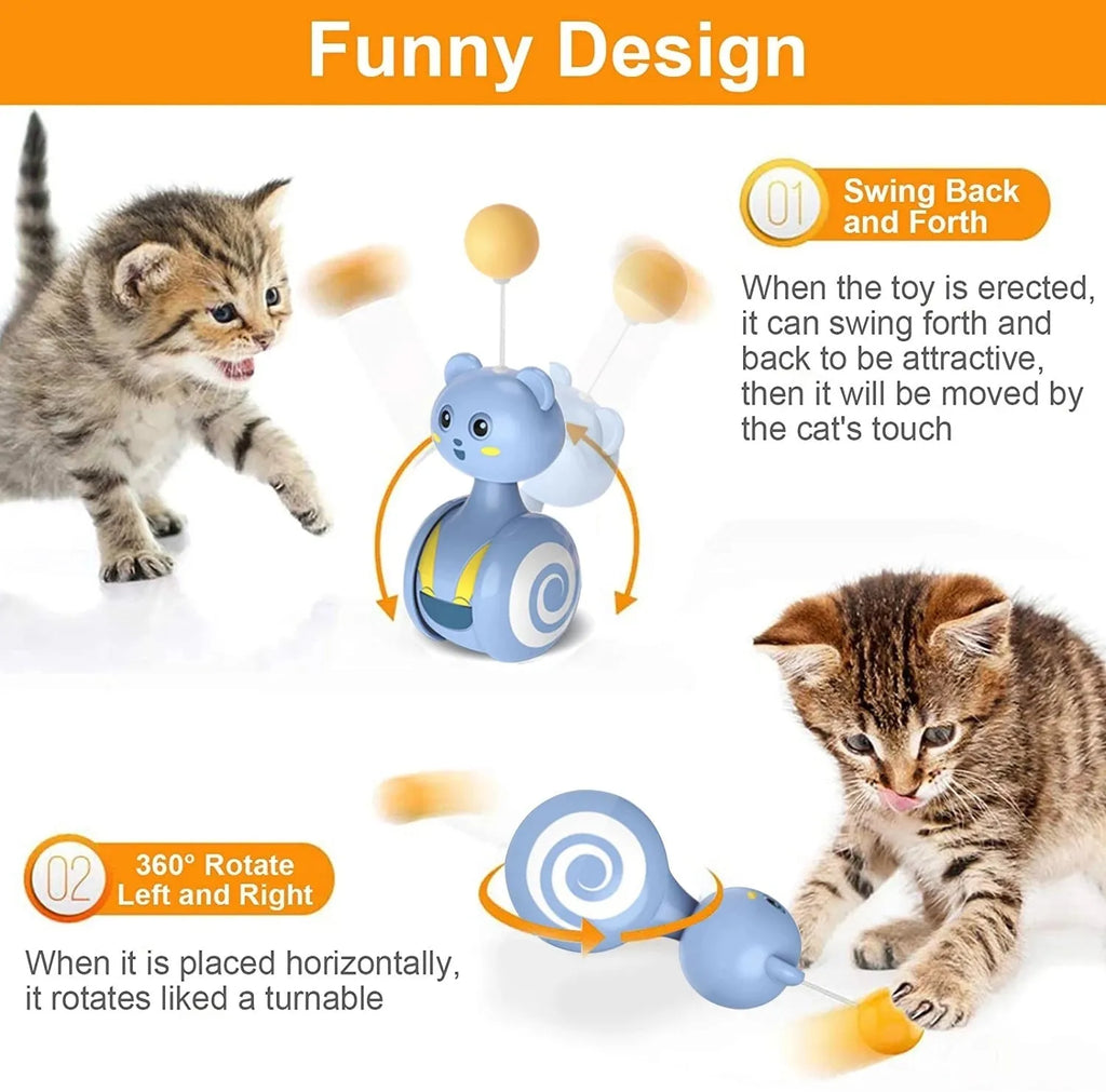 Blue and pink cat interactive tumbler toys with rotating balls and feather wands on flat surface