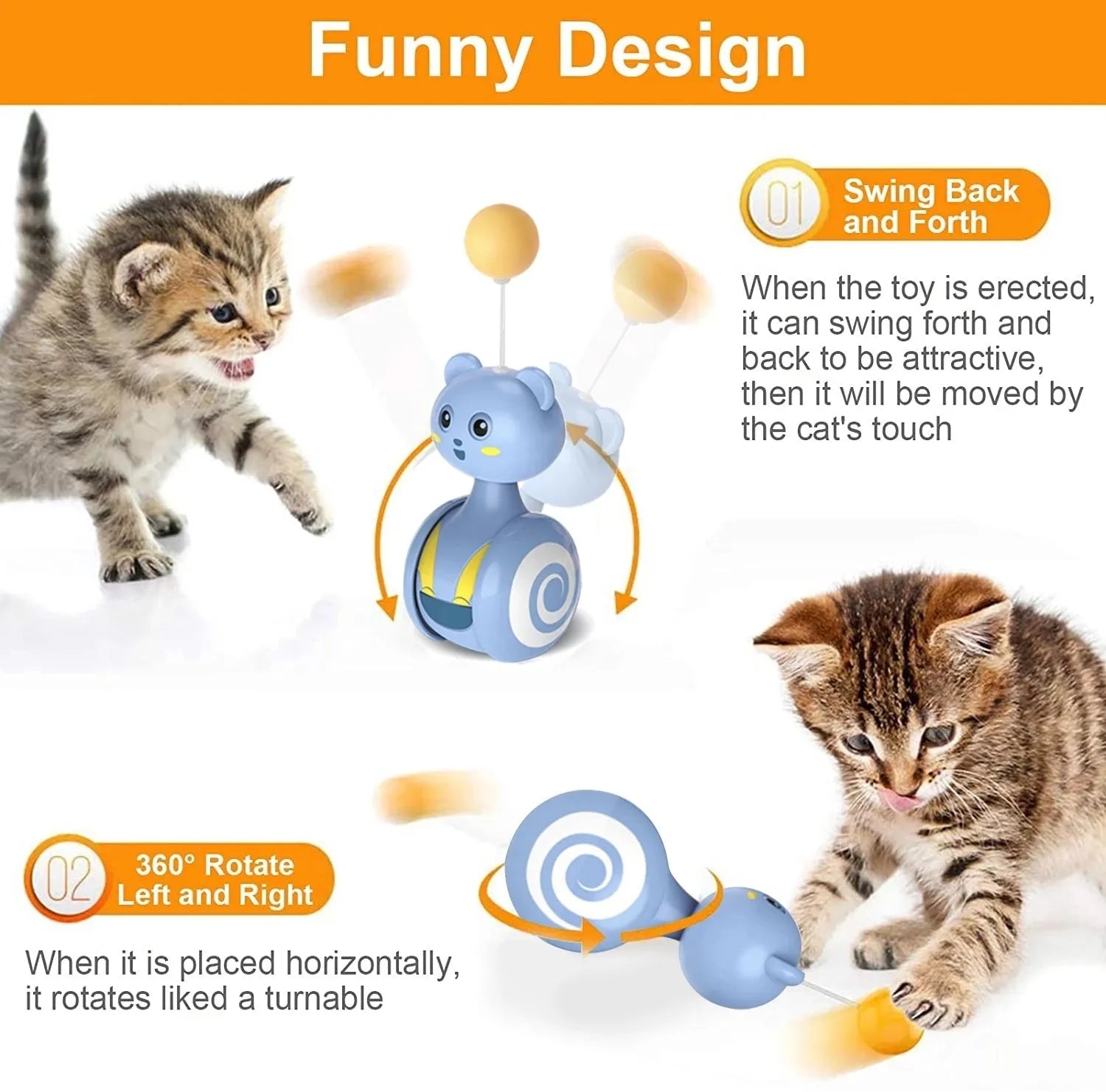 Blue and pink cat interactive tumbler toys with rotating balls and feather wands on flat surface