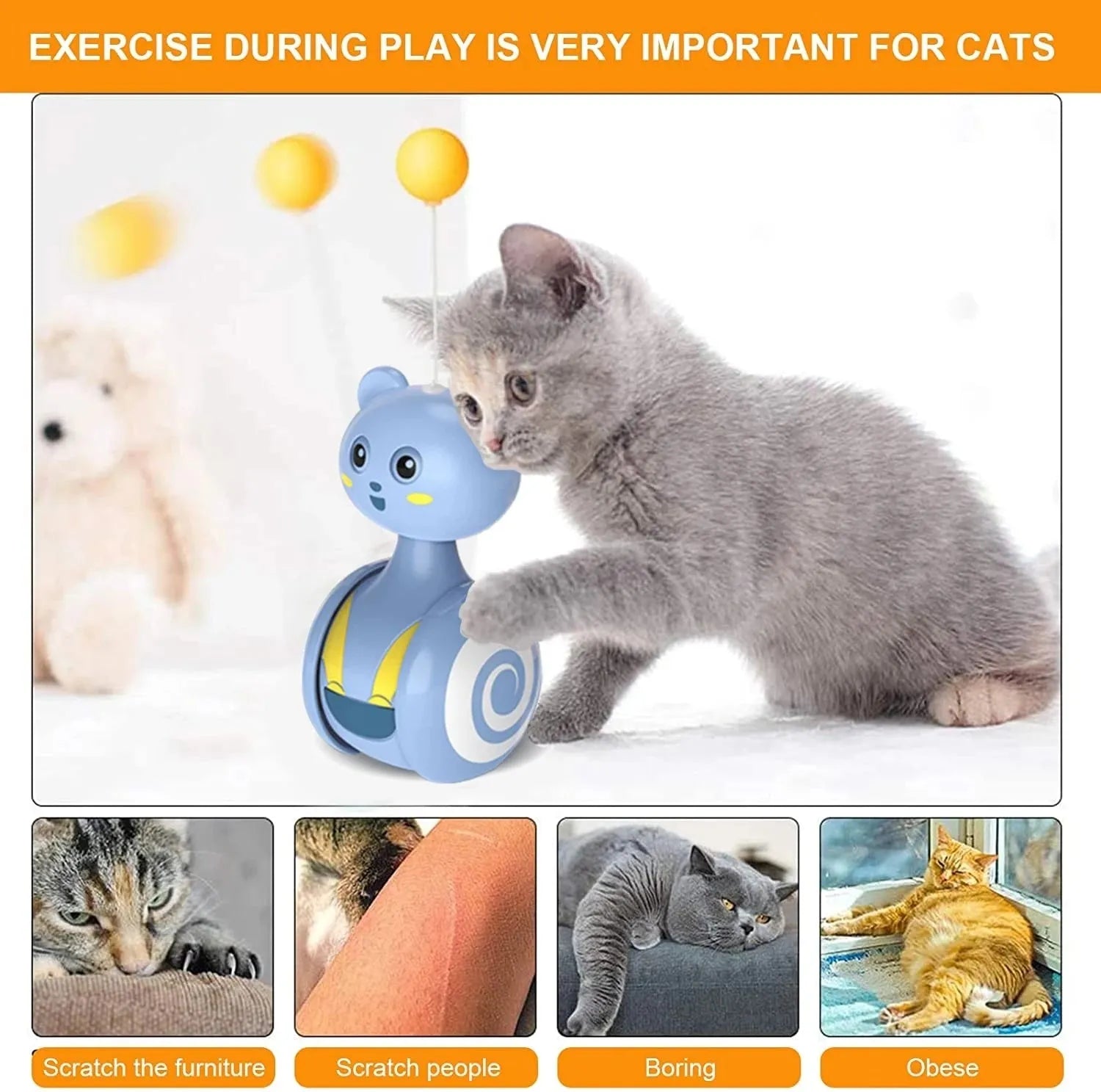 Blue and pink cat interactive tumbler toys with rotating balls and feather wands on flat surface