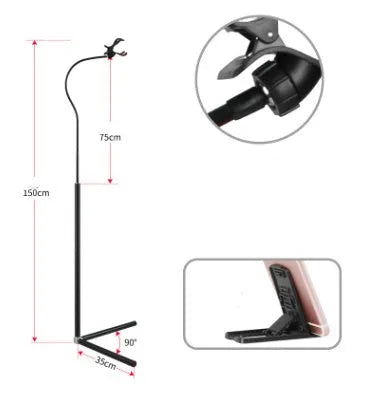 Black bedside mobile phone bracket with adjustable overhead shelf holding smartphone
