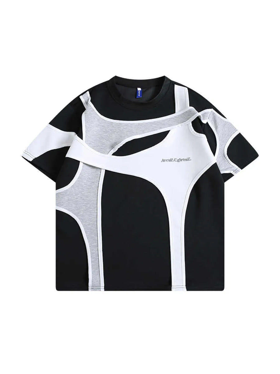 Black loose-fit short sleeve T-shirt showing double stitching detail on padded shoulder strap