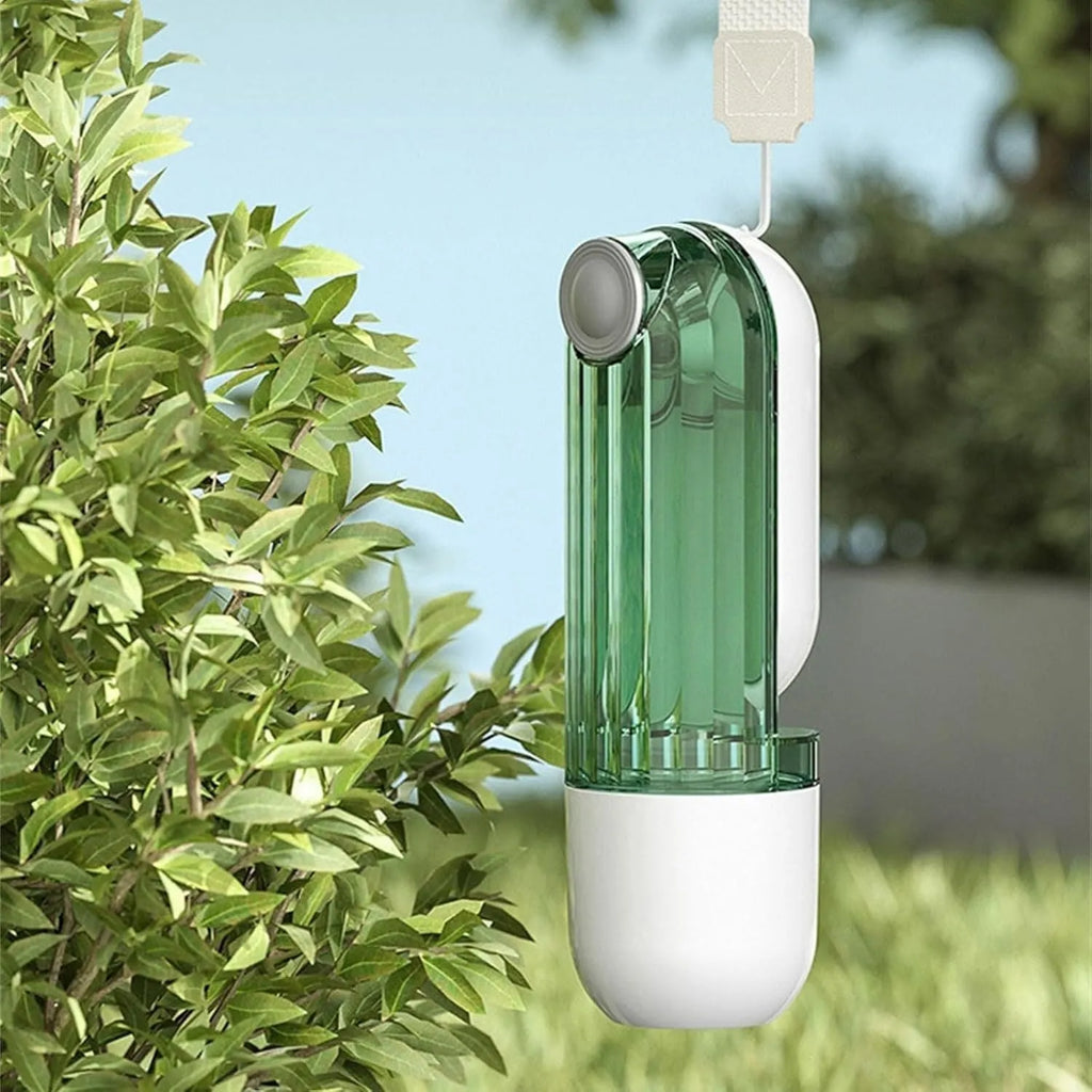 Beige and green foldable dog water bottle with food container, showing dimensions.