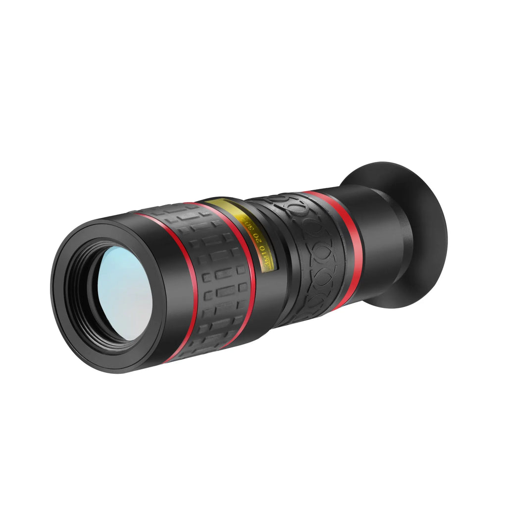 20x magnification mobile phone telephoto lens with universal mounting clip and single eye mask.