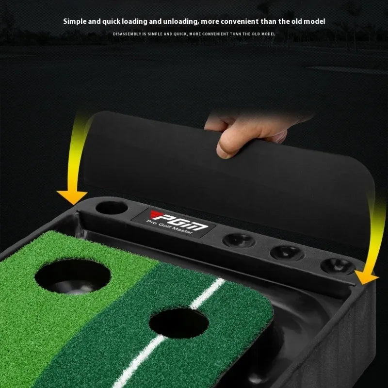 PGM 3m indoor putting mat with baffle, plastic base, and simulated grass surface on a floor