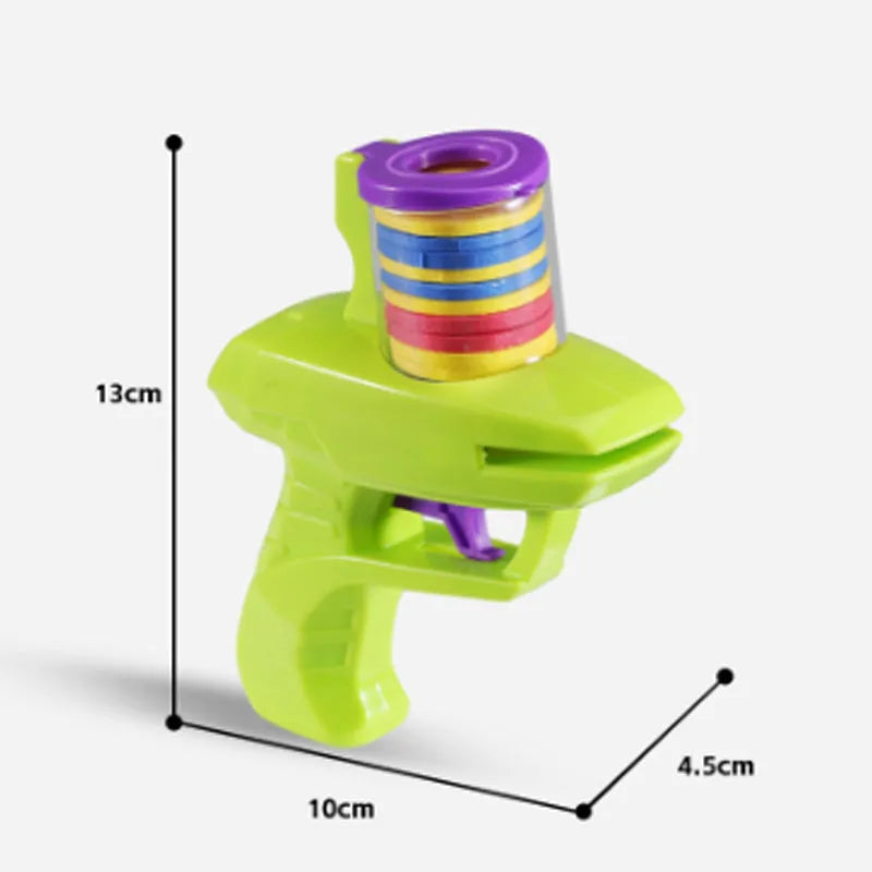 Green and purple manual cat toy launchers with foam discs for interactive indoor pet play