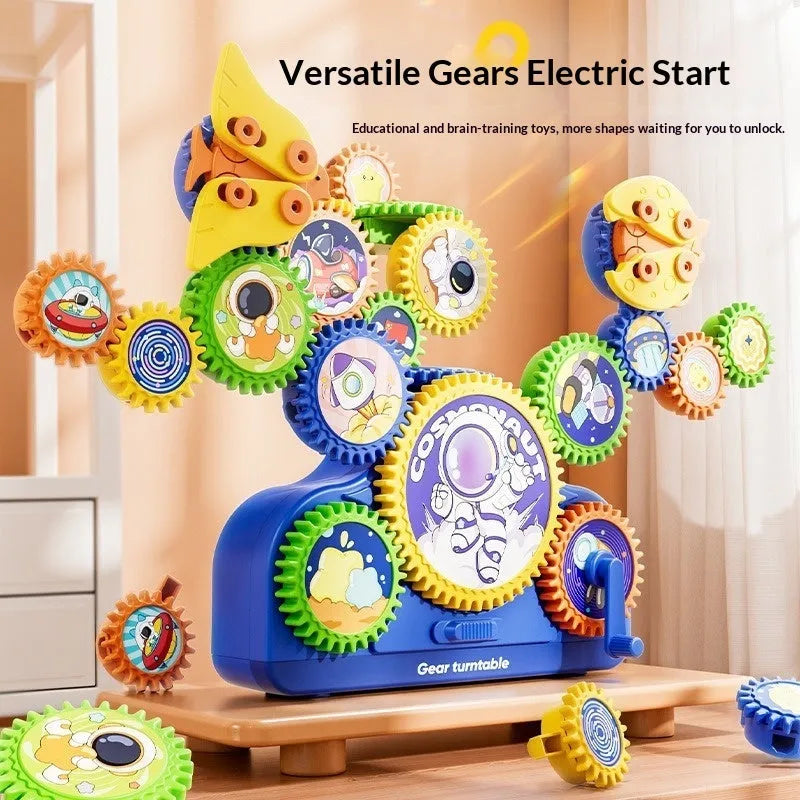 Children's electric building block set with variable gear rotating assembly in Dinosaur edition, 14 pieces in colour box