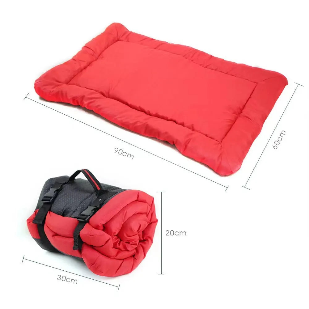 Blue foldable waterproof outdoor dog bed shown both unfolded and folded with buckles.