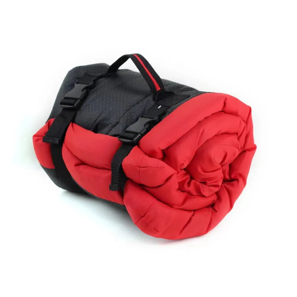 Blue foldable waterproof outdoor dog bed shown both unfolded and folded with buckles.