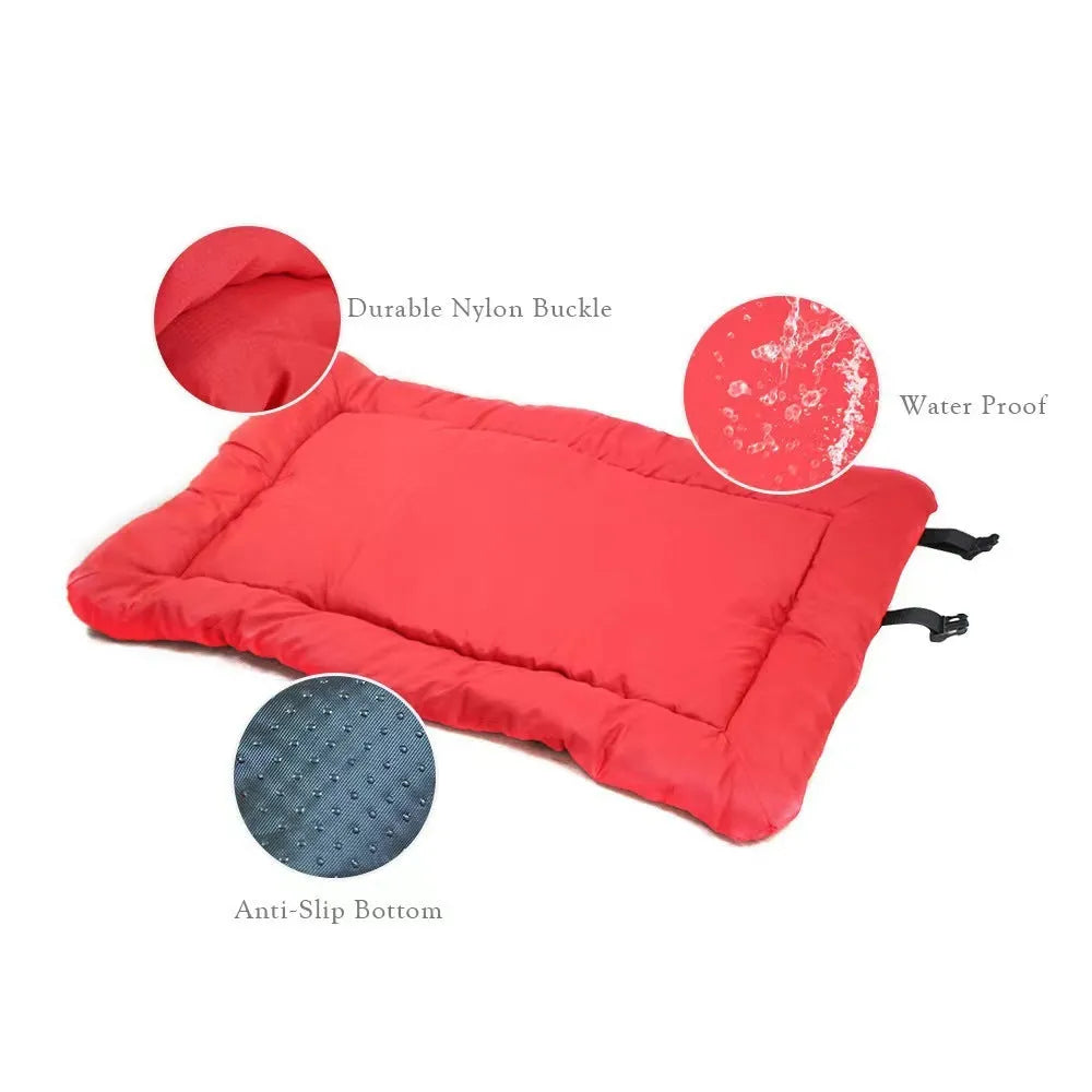 Blue foldable waterproof outdoor dog bed shown both unfolded and folded with buckles.