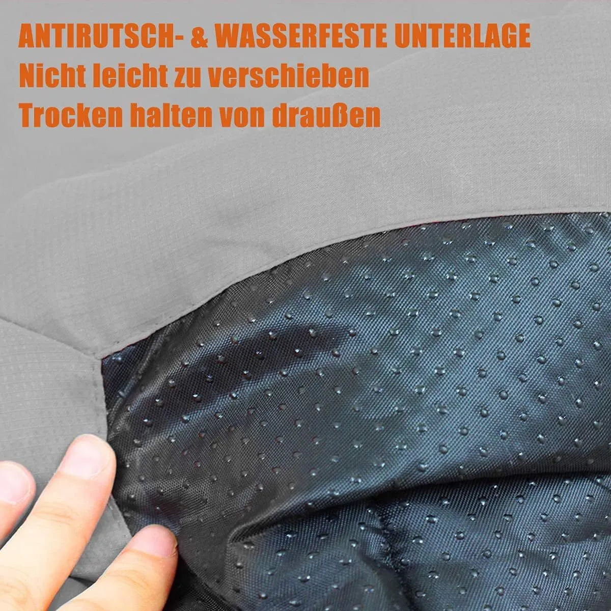 Blue foldable waterproof outdoor dog bed shown both unfolded and folded with buckles.