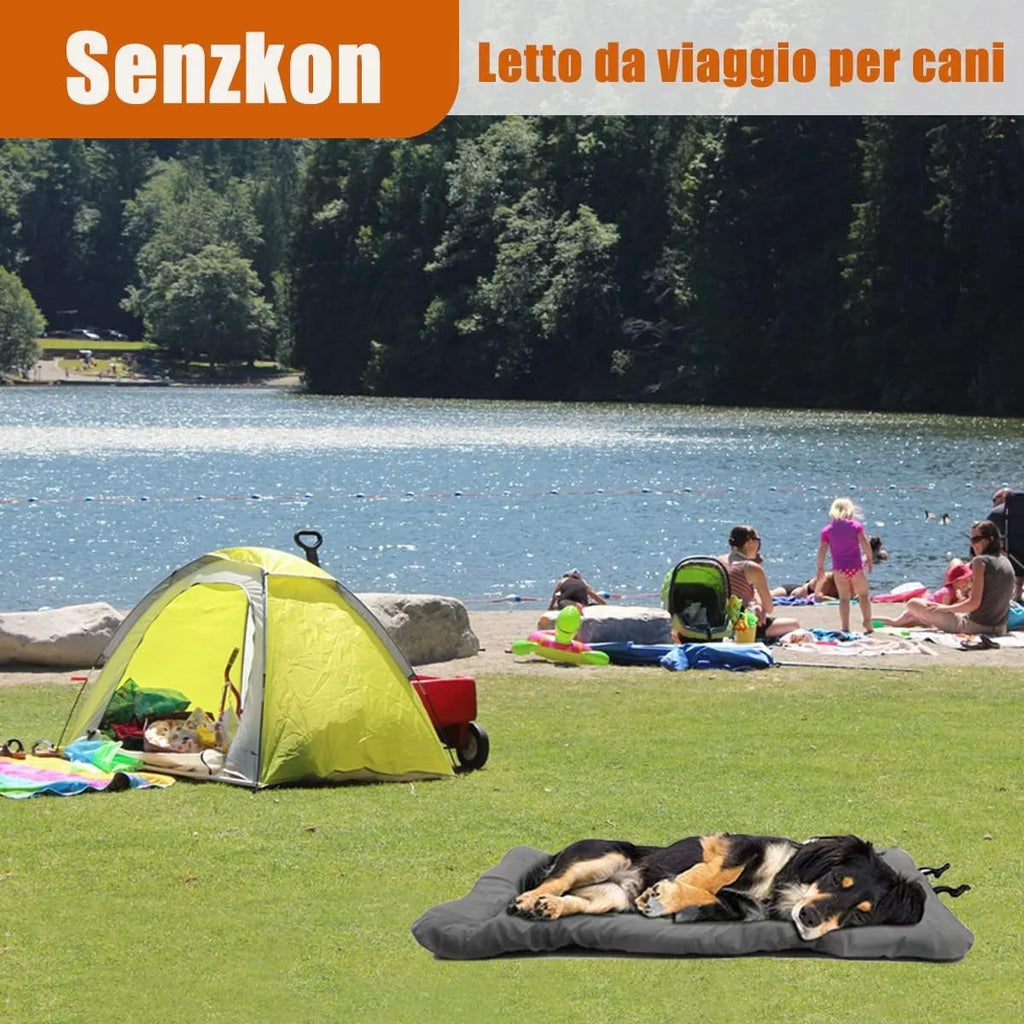 Blue foldable waterproof outdoor dog bed shown both unfolded and folded with buckles.