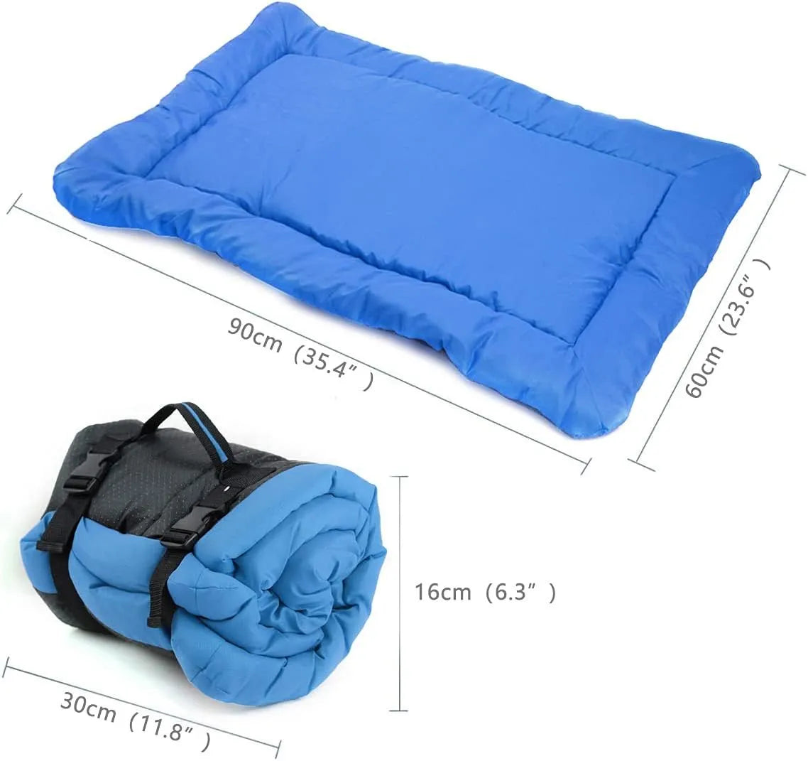 Blue foldable waterproof outdoor dog bed shown both unfolded and folded with buckles.