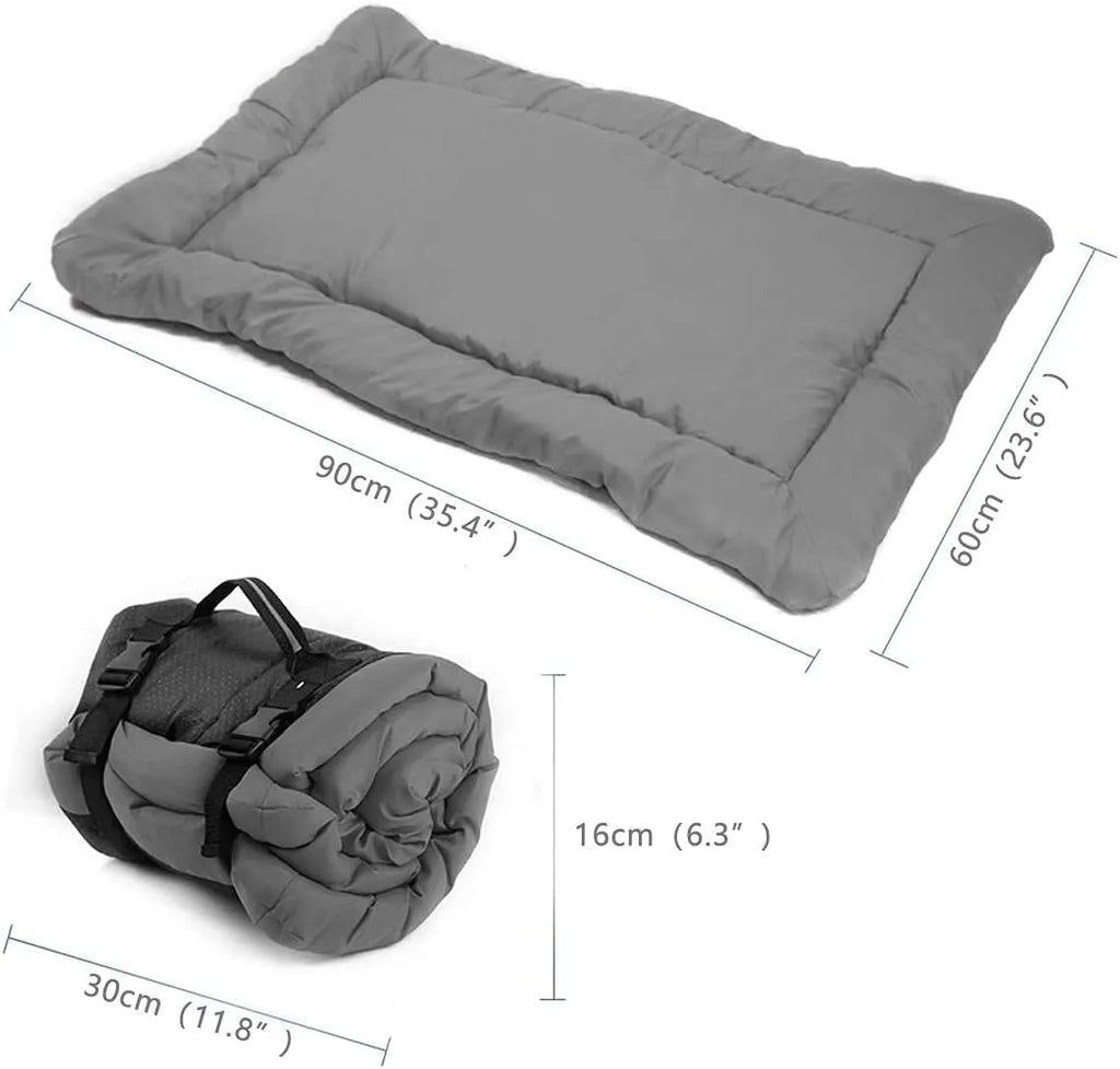 Blue foldable waterproof outdoor dog bed shown both unfolded and folded with buckles.