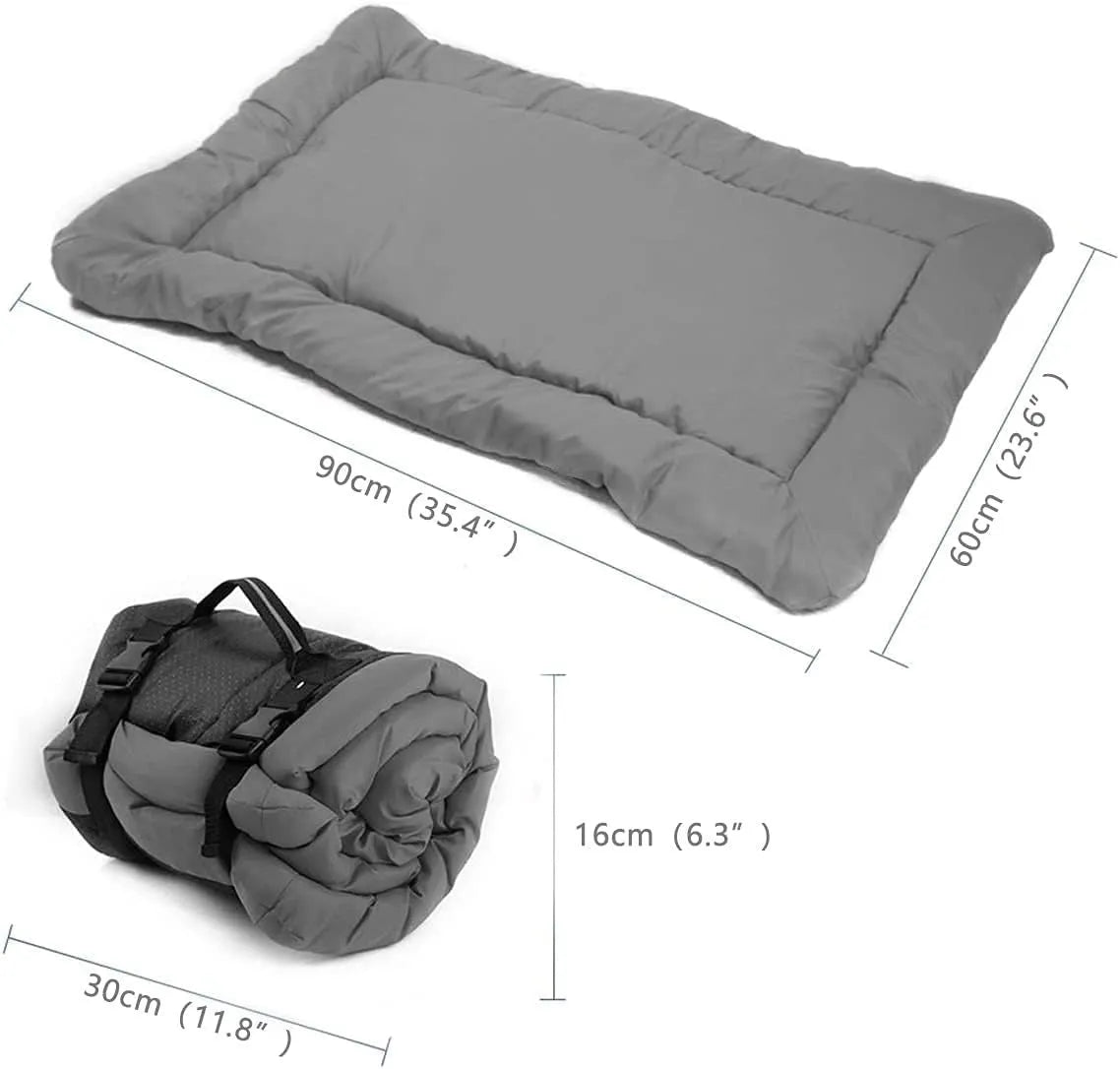 Blue foldable waterproof outdoor dog bed shown both unfolded and folded with buckles.