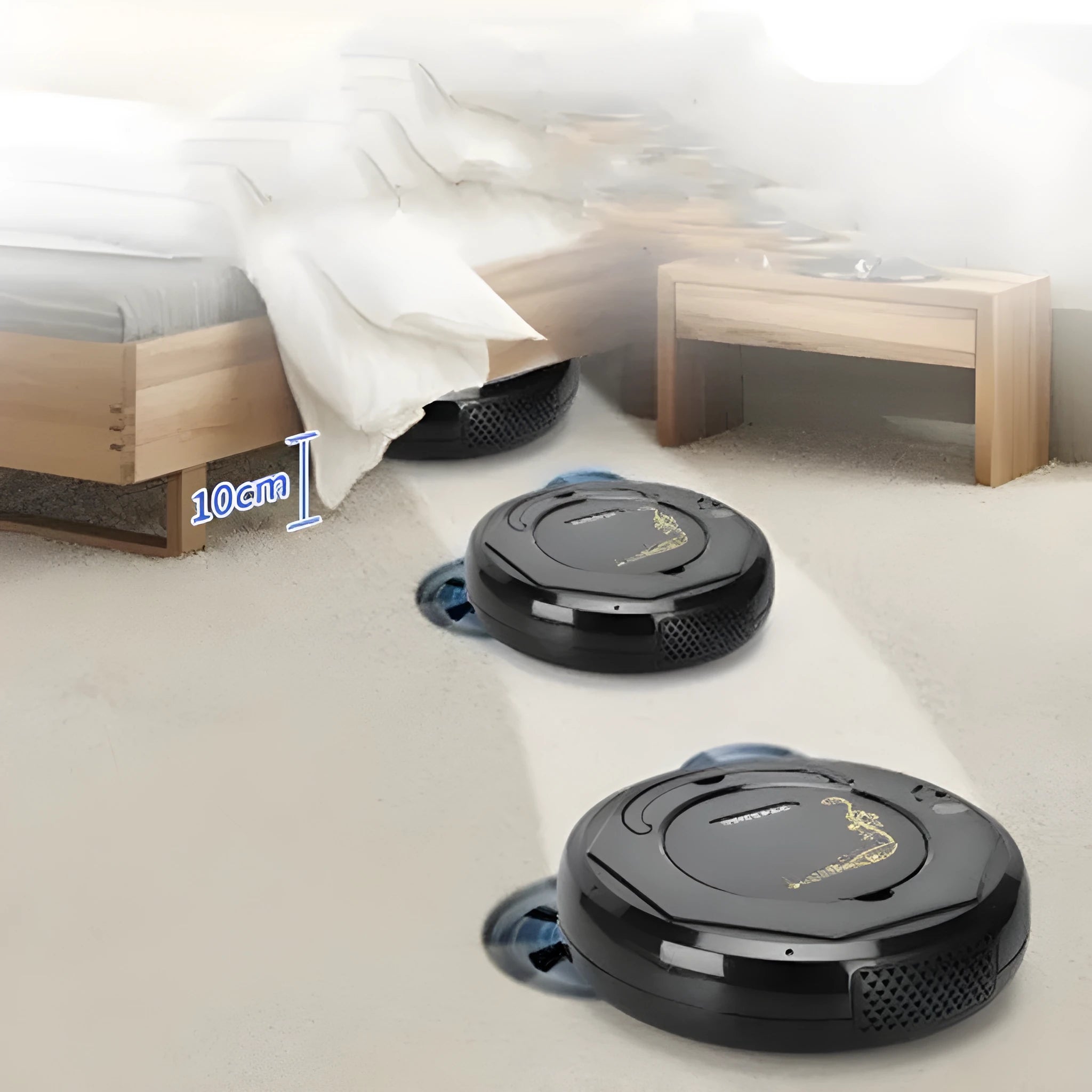 Floor sweeping robot vacuum cleaner in black, blue, or white colour options