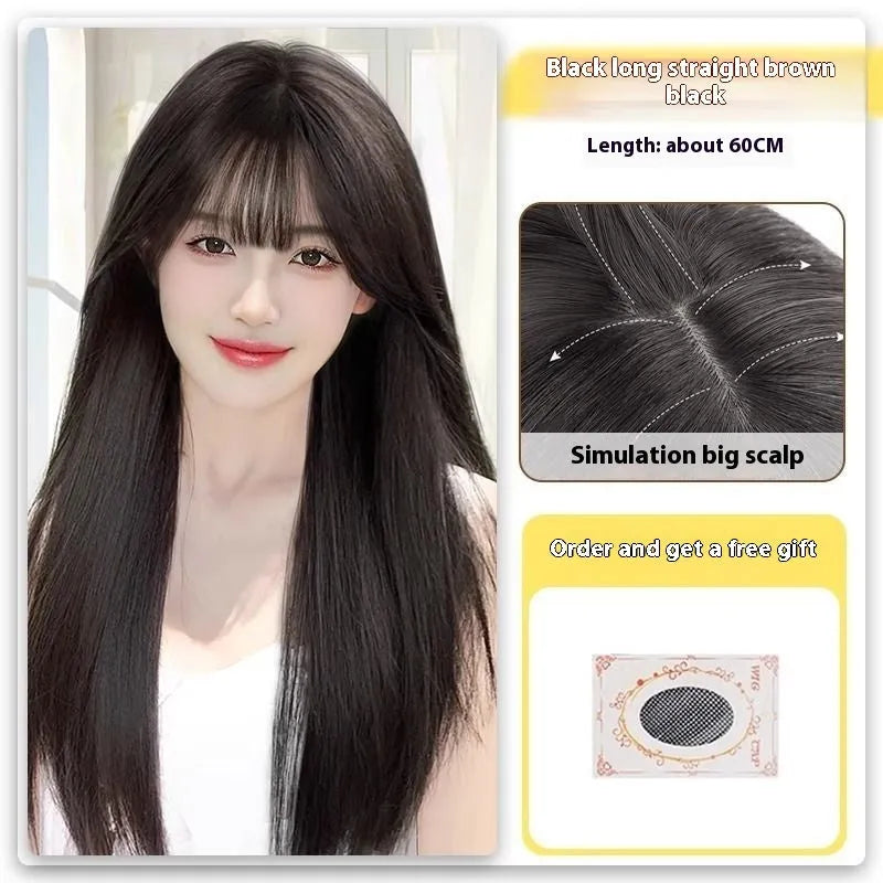 Black long straight full-head synthetic wig with lace front and side bangs.