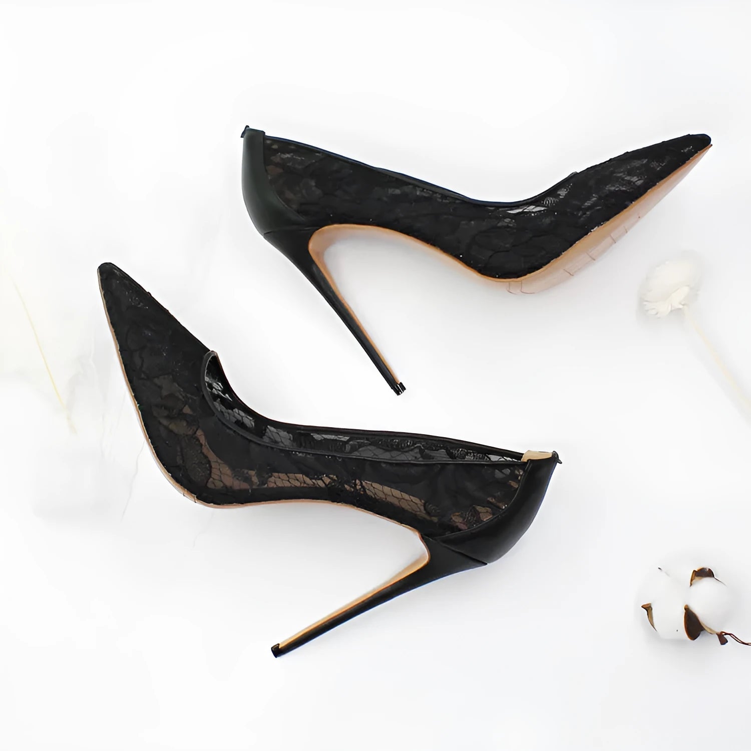 Women's lace hollow high heels pointed toe super high heel mesh cloth floral pattern black white