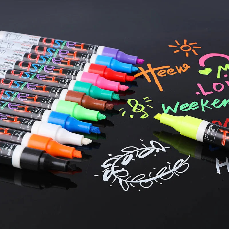 Electronic fluorescent board highlighter with plastic body and 6mm oblique tip, shown with multicolour refill set on card packaging.