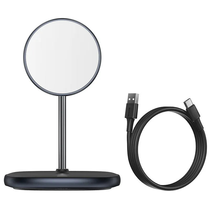 Swan magnetic desktop wireless charger stand for Apple iPhone 12 in black colour with Type-C cable