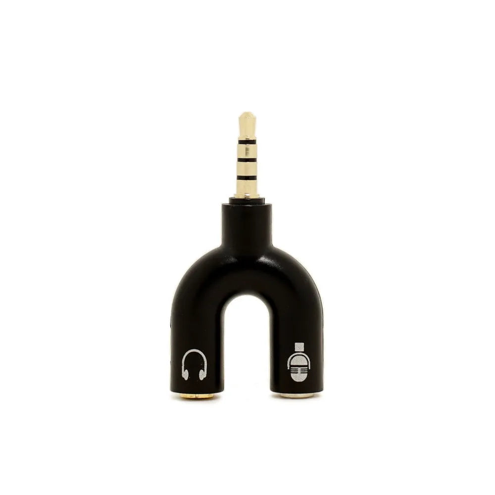 White 3.5mm audio splitter adapter with one male and two female gold-plated connectors on a dark background.