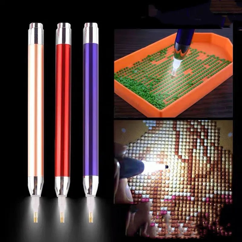 Luminous drill pen for diamond painting with aluminium alloy construction and single-head design in blue, gold, or red