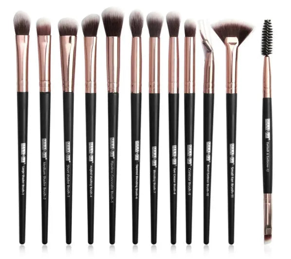 12 piece eye makeup brush set with nylon bristles and portable plastic handles in six colour options