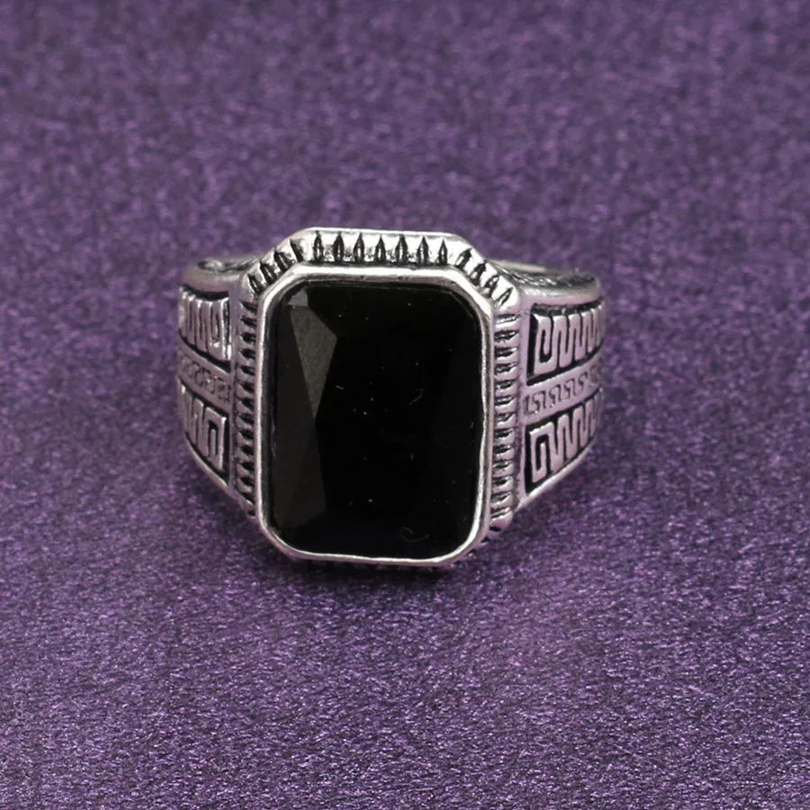 Alloy geometric ring with electroplated finish and artificial gem inlay in ancient silver colour, size 8
