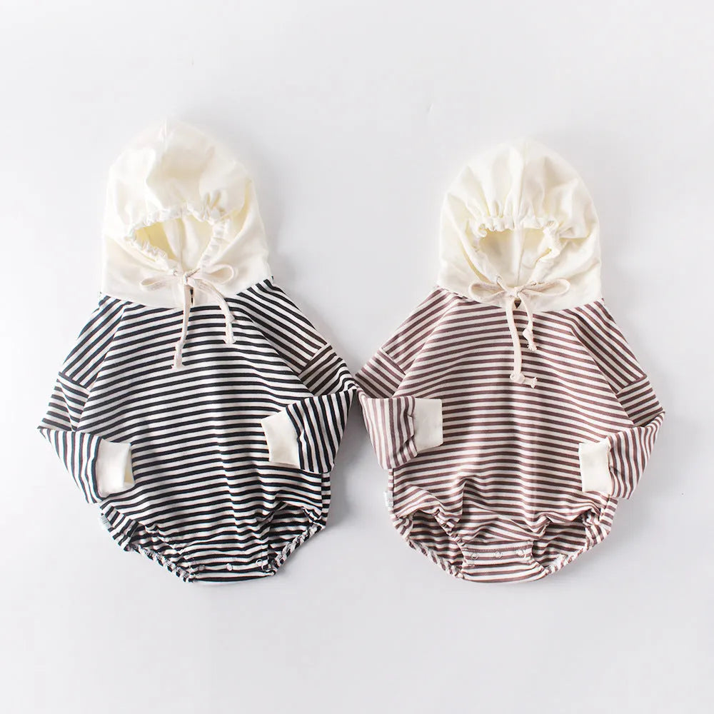 Baby striped hooded one-piece climbing suit in black stripe, 100% cotton, sizes 66-90cm