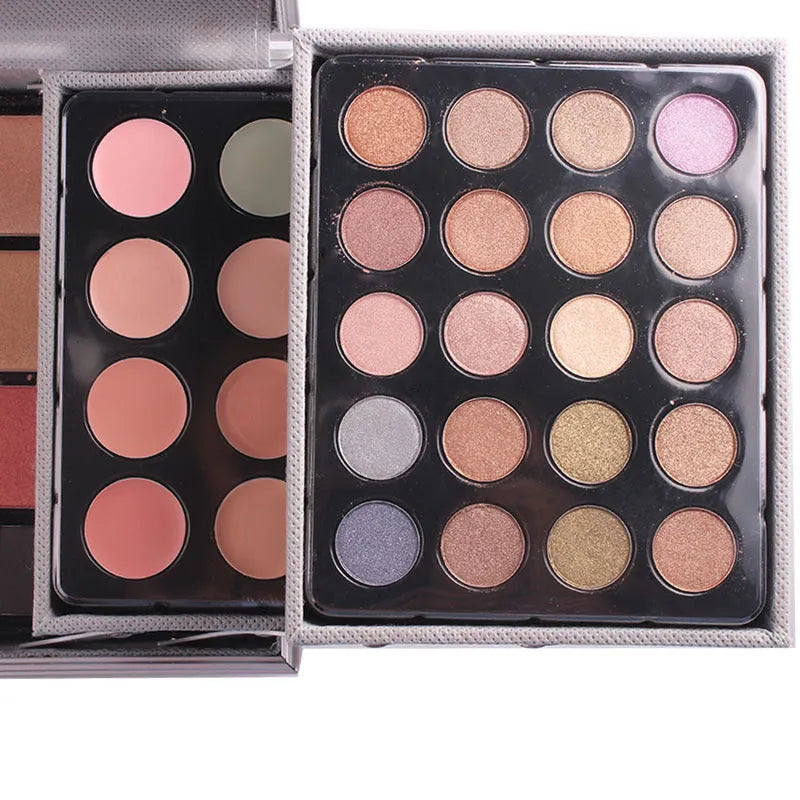 Professional 94 colour eyeshadow palette makeup kit with matt and pearl shades, concealers, lipsticks, and applicators in a two-layer case