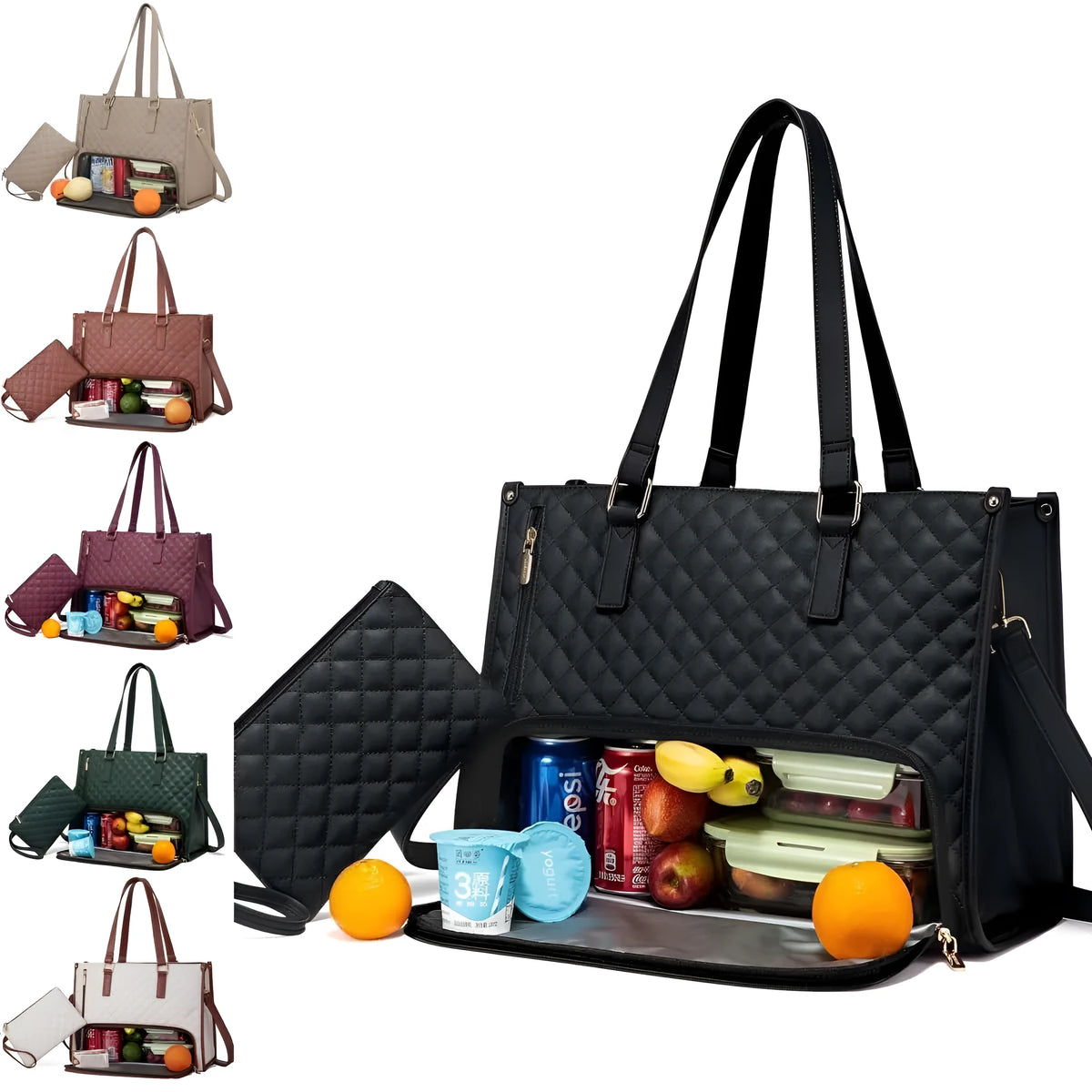 Women's quilted 2-in-1 lunch tote bag 42x32cm in black artificial leather with matching purse and crossbody strap